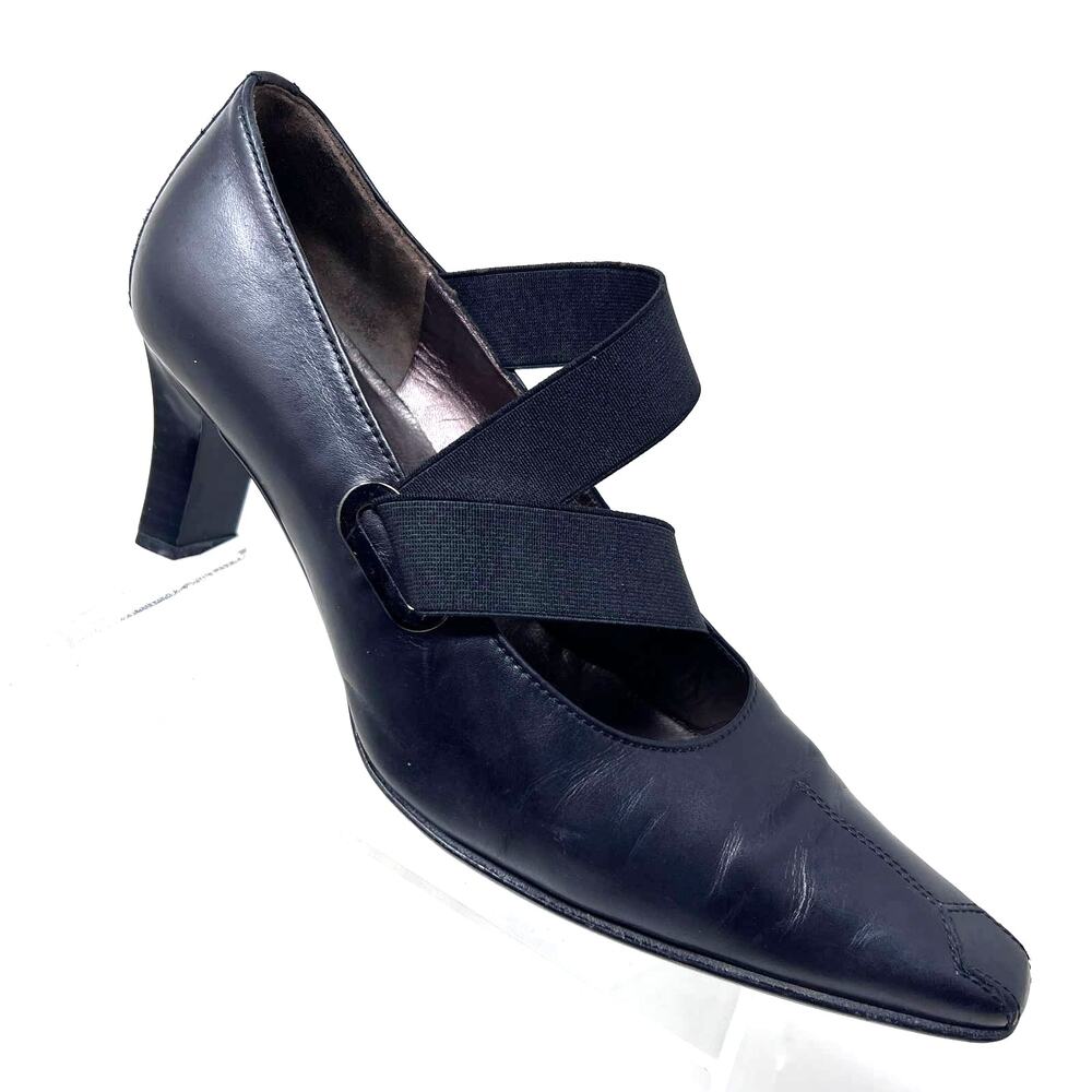 Gabor Pilgrim Heel‎ Womens Size 7 Elastic Stretch Cross Strap Black Leather Pump